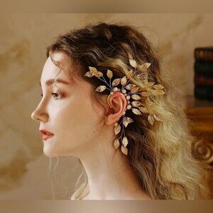 Bridal Gold Pearl Crystal Floral Ear Cuffs